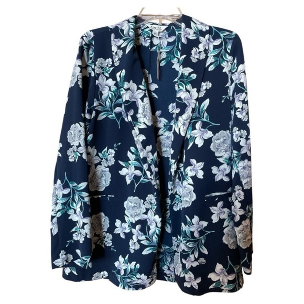 Krazy Kat Floral Blazer Jacket Open Lightweight Navy Pockets‎ Womens Large NWT